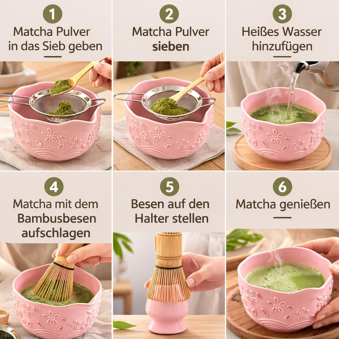 7PCS Matcha Set，500ML Ceramic Matcha Bowl with Spout，Matcha Broom and Holder, Bamboo Scoop, Stainles