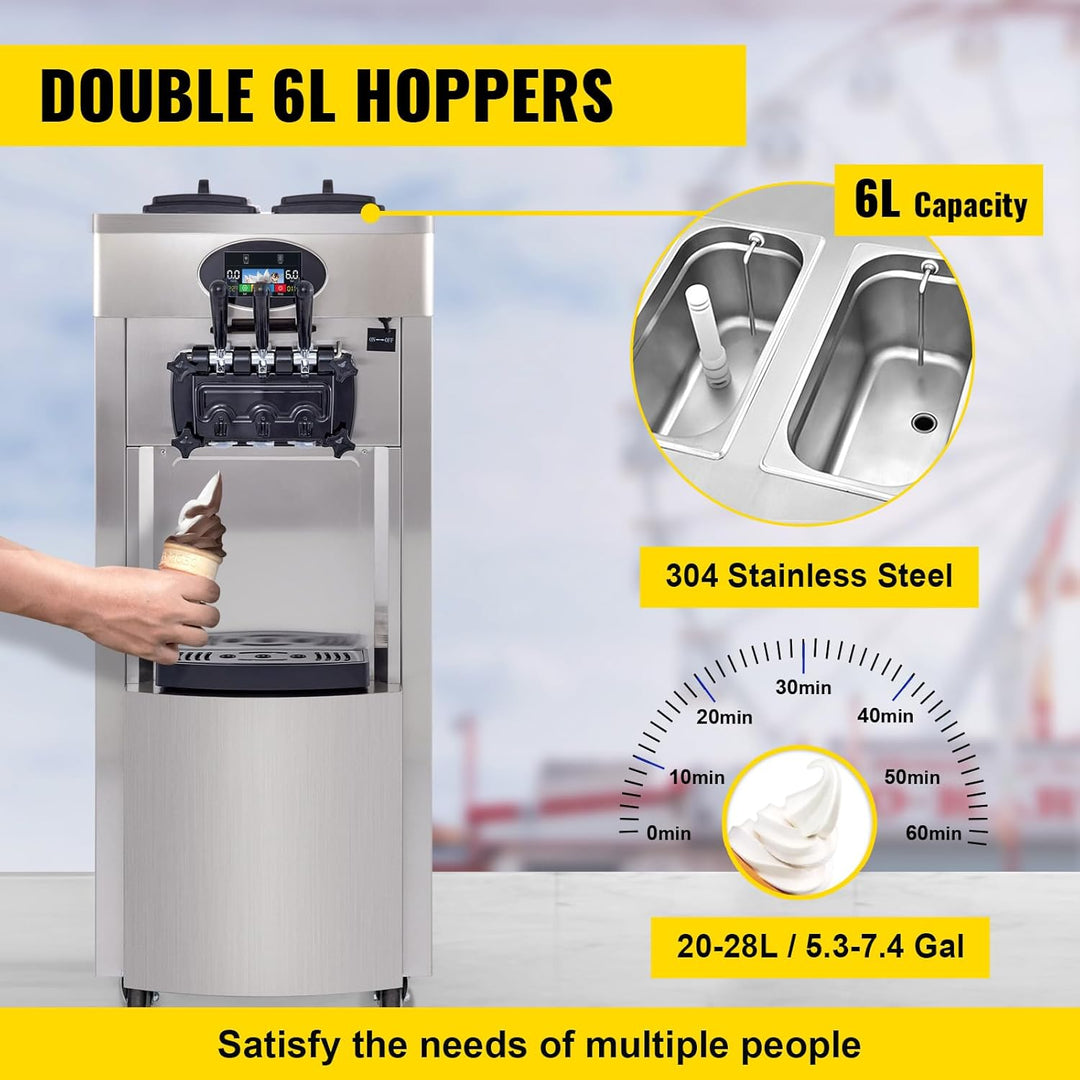 Kommerzielle Eismaschine, 20–28 L/h Leistung, 2200 W, Freistehende Softeismaschine mit 3 Geschmacksr
