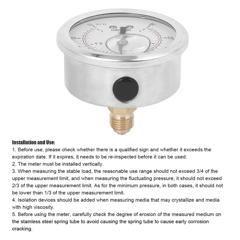 Oumefar Vakuum-Manometer 1/4 BSP Vakuum-Manometer Hochdruck-Vakuummeter Hochpräzises Radialmanometer