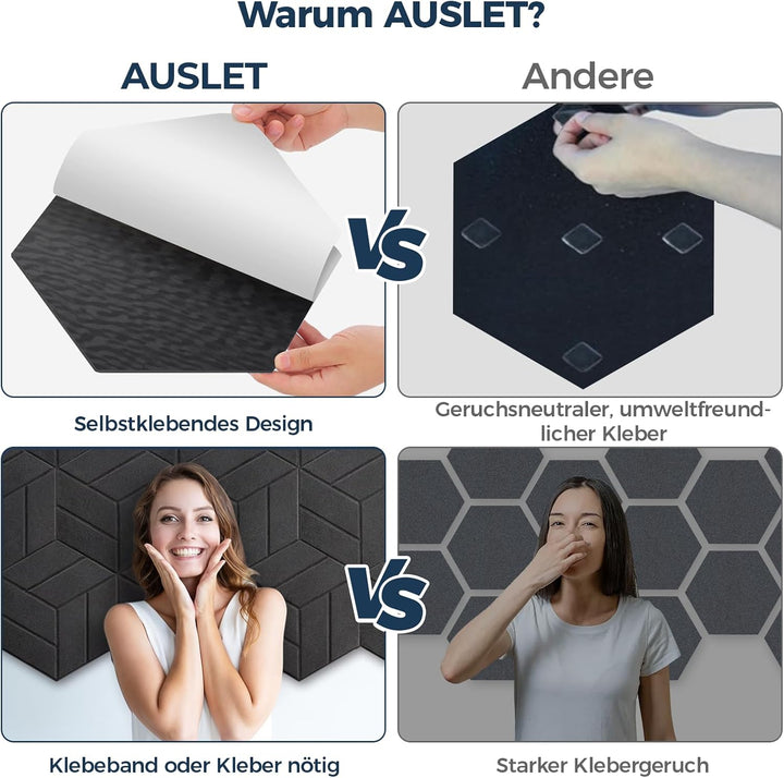 12 Stück Hexagon Akustikplatten Selbstklebend, 30 x 26 x 0,9 cm Hohe Dichte schallabsorber wand, Sch