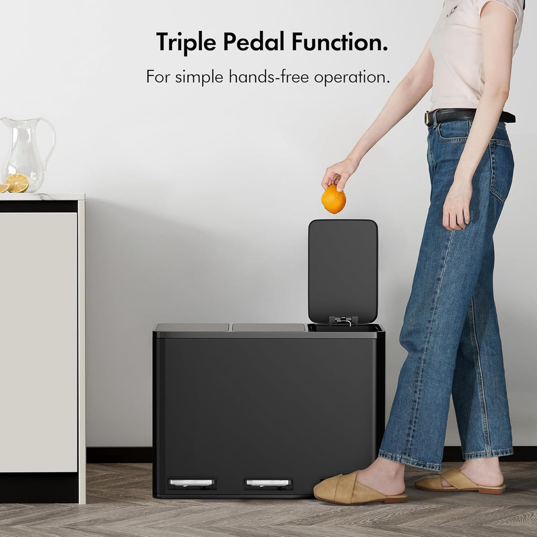 VonHaus Mülleimer Küche 3 Fächer, 45L Recycling Mülltrennsystem – Abfalleimer Biomüll, Rutschfester
