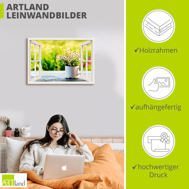 Artland Leinwandbild Wandbild Bild auf Leinwand 70x50 cm Wanddeko Fensterblick Fenster Botanik Blume