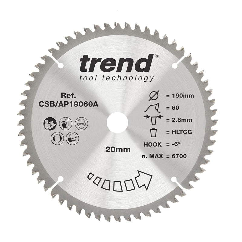 Trend CraftPro Arbeitsplatte Aluminium und Kunststoff TCT Kreissägeblatt, 190mm Durchmesser x 60 Zäh