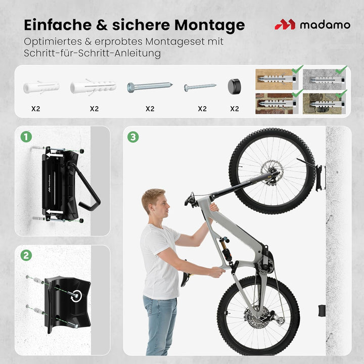 MADAMO Fahrrad Wandhalterung Schwenkbar - Platzsparende Fahrradaufhängung Wand - Bike Wall Mount für
