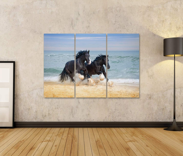 Bild auf Leinwand Zwei Schöne Grosse Pferde Züchten Shire Galopp Entlang Dem Strand Der Sand Gegen D
