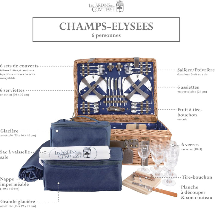 Les Jardins de la Comtesse - Picknickkorb Champs-Elysées aus Weidengeflecht und echtem Leder - Dunke