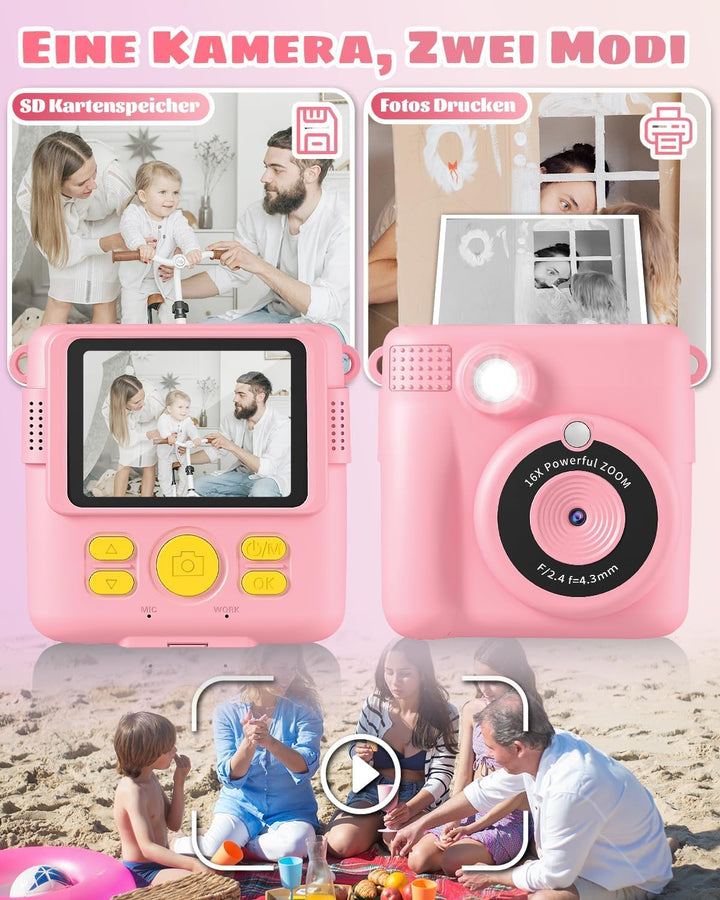 YKSLEMON Kinderkamera Sofortbildkamera, 2,4'' Bildschirm Sofortbildkamera Kinder, 24MP-1080P Digital