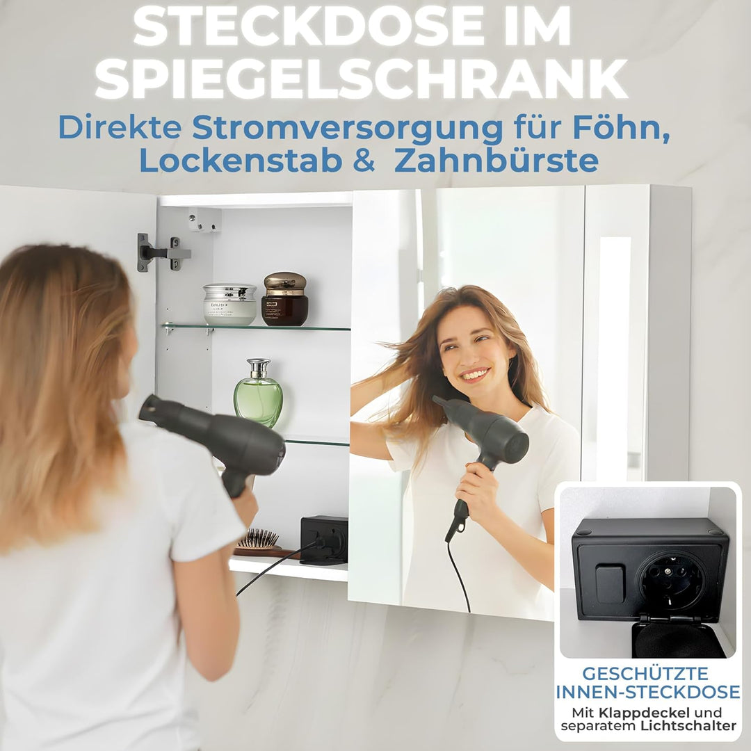 HAPA Design Bad Spiegelschrank mit Beleuchtung und Steckdose Venedig. Austauschbare LED Beleuchtung