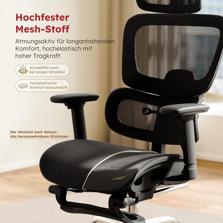 Ergonomischer Bürostuhl Voll-Mesh mit Abnehmbarem Kissen, Fussstütze, Höhenverstellbarem Rückenlehne