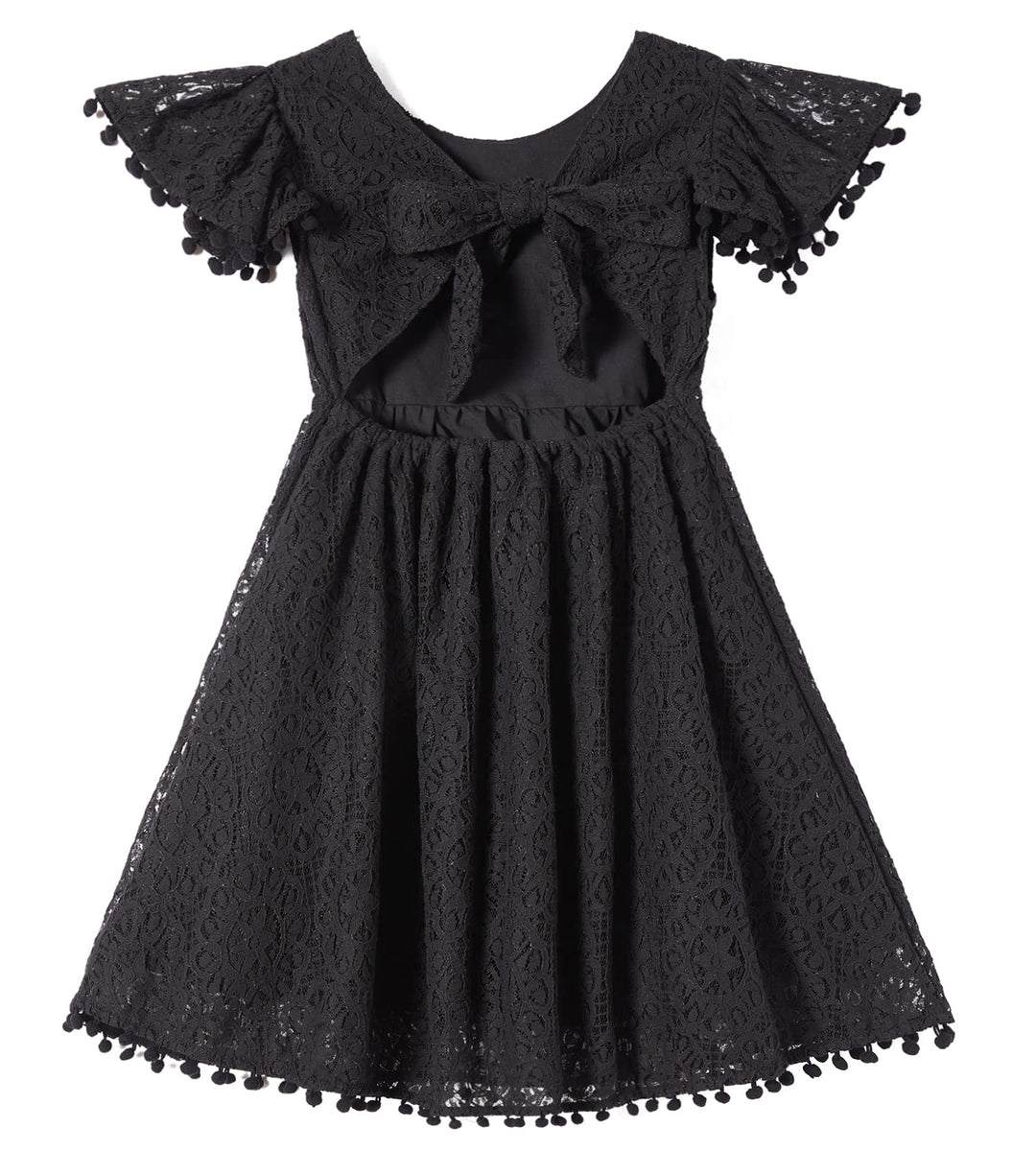 Mädchen Elegante Prinzessin Spitzenkleid Kleinkind Vintage Pom Pom Flatterärmel Party Kleider, Flieg