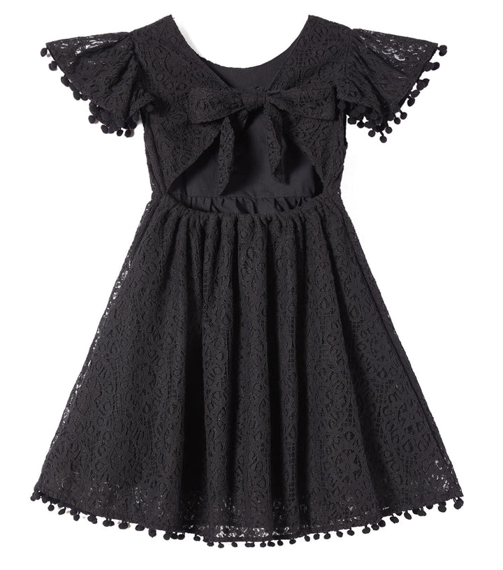 Mädchen Elegante Prinzessin Spitzenkleid Kleinkind Vintage Pom Pom Flatterärmel Party Kleider, Flieg