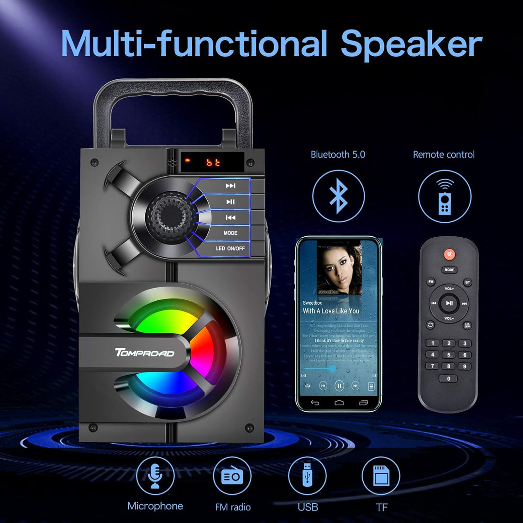 TOMPROAD Bluetooth Lautsprecher, Tragbare Bluetooth Box mit Subwoofer, kabellos Stereo Sound satter
