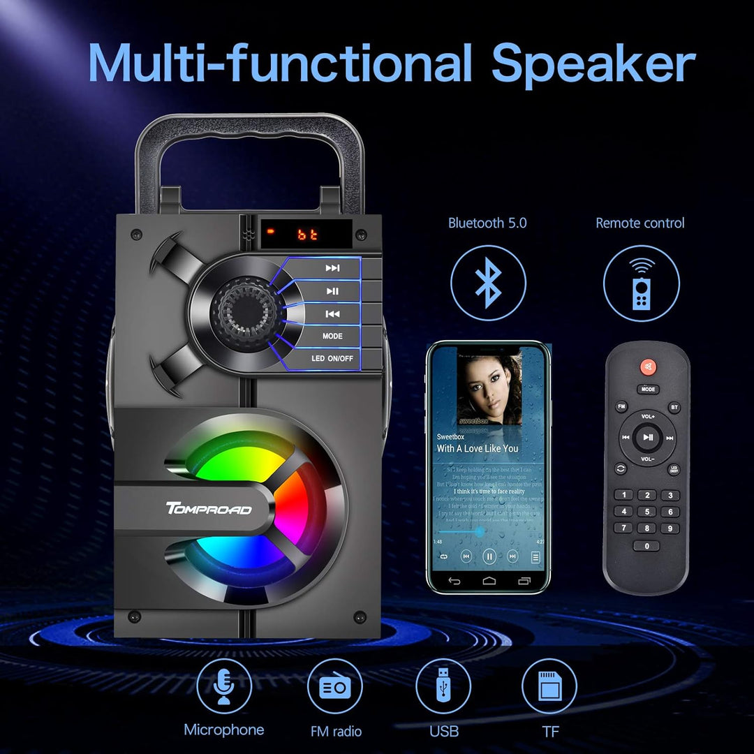 TOMPROAD Bluetooth Lautsprecher, Tragbare Bluetooth Box mit Subwoofer, kabellos Stereo Sound satter