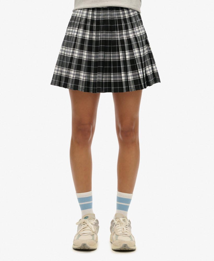 Superdry Damen Kariert, Gefaltet, Mini Rock 36 Kariert, Weiss/Schwarz, 36 Kariert, Weiß/Schwarz