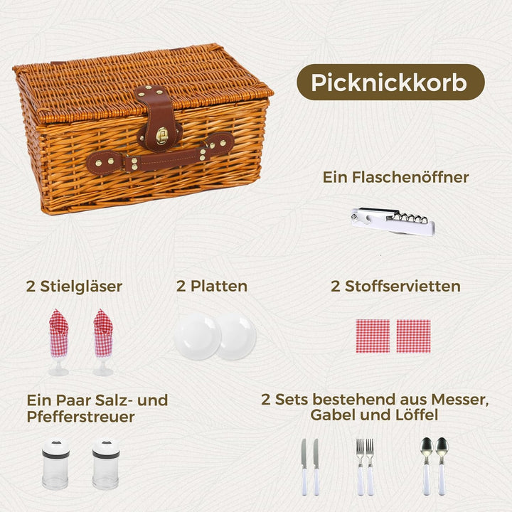Picknickkorb Set für 2 Person mit Kühlfach, Abnehmbarer Riemen, Weinbeutel, Besteck Set, für Camping