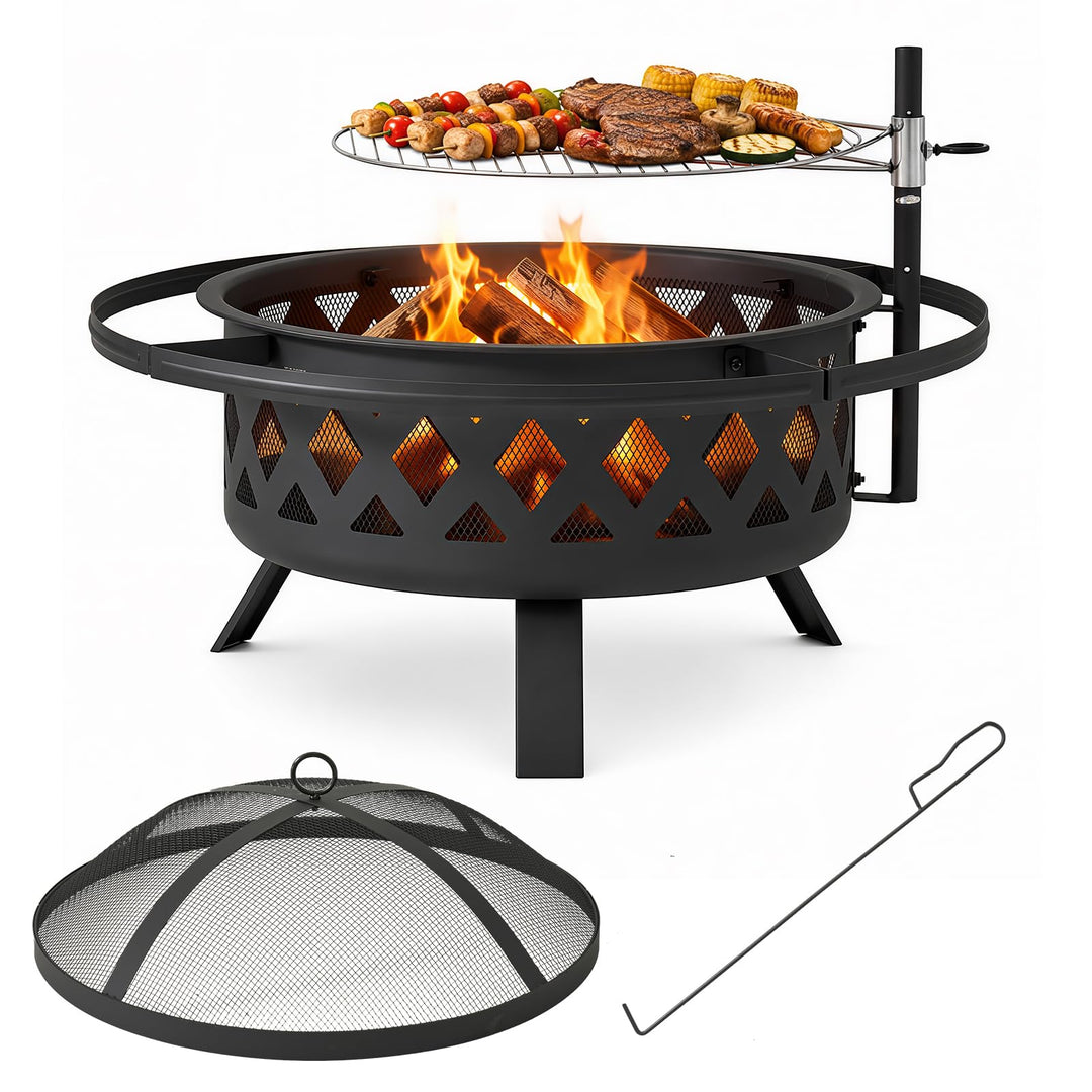 Aoxun Feuerschale mit Grill, 2-in-1 Feuerstelle Garten mit Funkenschutz und 360° Schwenkgrill, Outdo