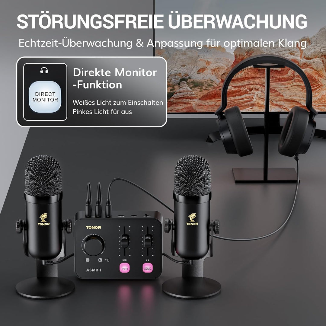 TONOR Podcast Mikrofon Set mit Audio Interface, ASMR Mikrofon, 2 Kondensatormikrofone, Audio Mixer,
