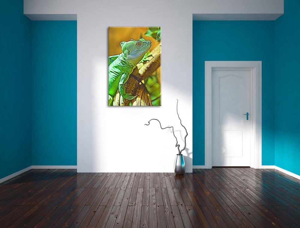 grünes Chamäleon Deluxe Format: 100x70 cm auf Leinwand, XXL riesige Bilder fertig gerahmt mit Keilra