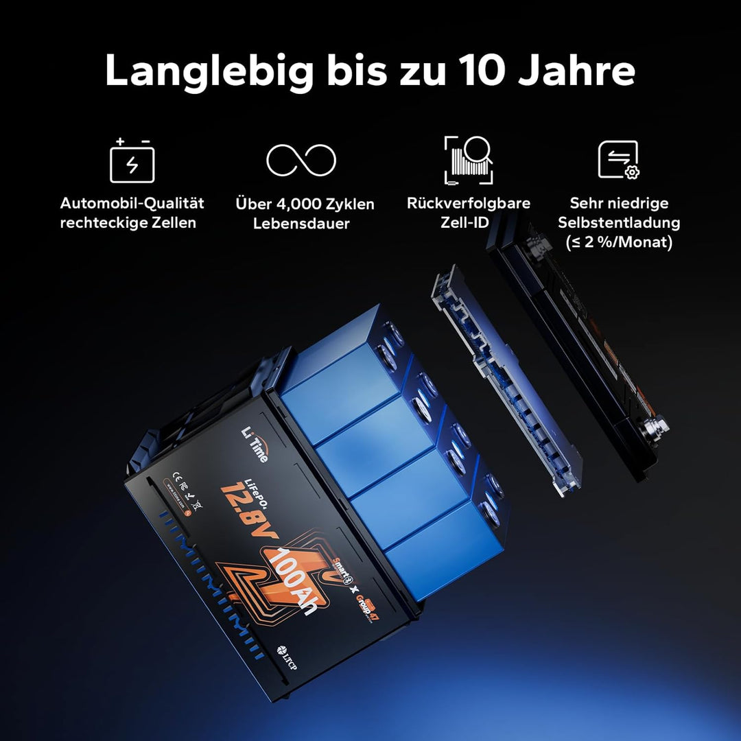 LiTime LiFePO4 12V 100Ah Bluetooth Lithium Batterie, DIN H5 Untersitz-Akku (168mm Höhe) mit 100A BMS