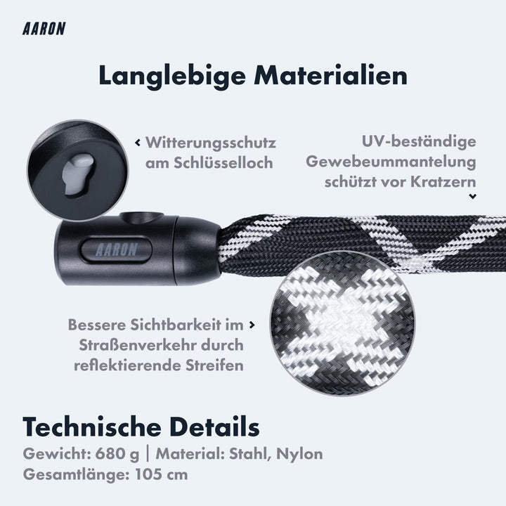 AARON Cobra Fahrradschloss mit Schlüssel, 105cm Kettenschloss aus Stahl und hoher Sicherheitsstufe,