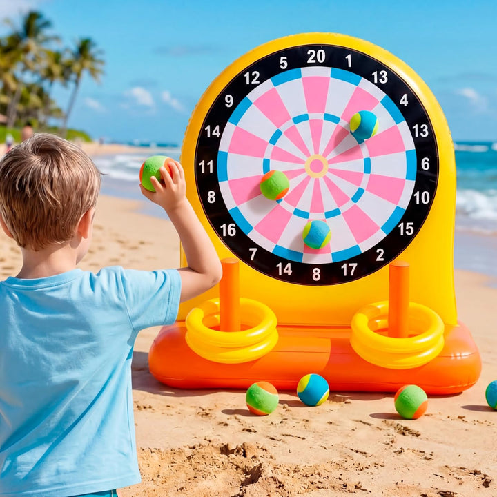 Sloosh Aufblasbares Pool-Dartspiel: Schwimmende Dartscheibe & Ringwurf-Kombi mit Getränkehalter, Eis