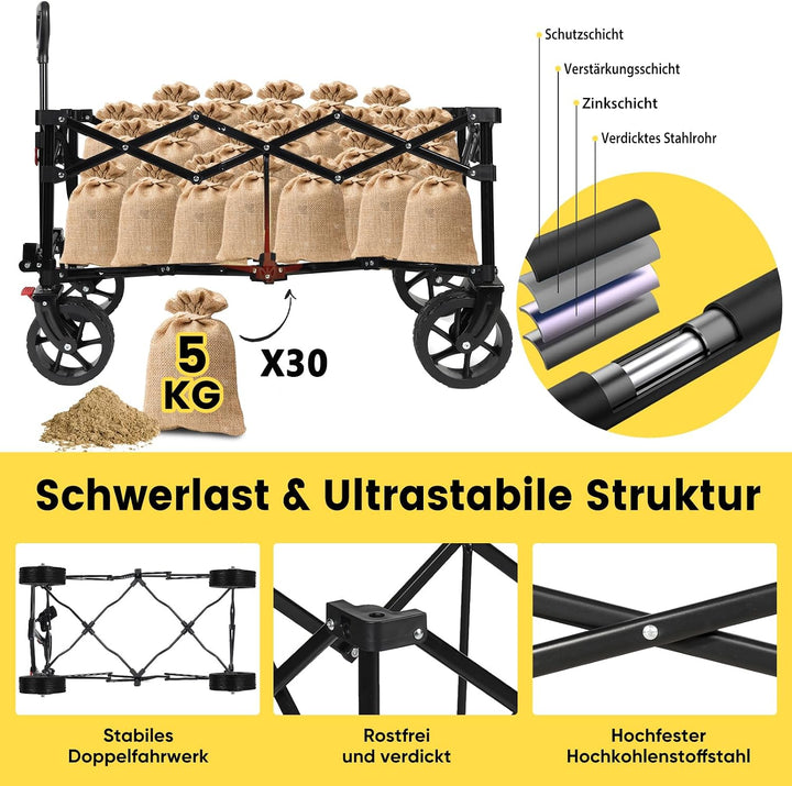 Sekey XXL Bollerwagen Faltbar mit Bremsen 150L 150KG, Breite Reifen Alle Gelände, Patentiert Zusamme