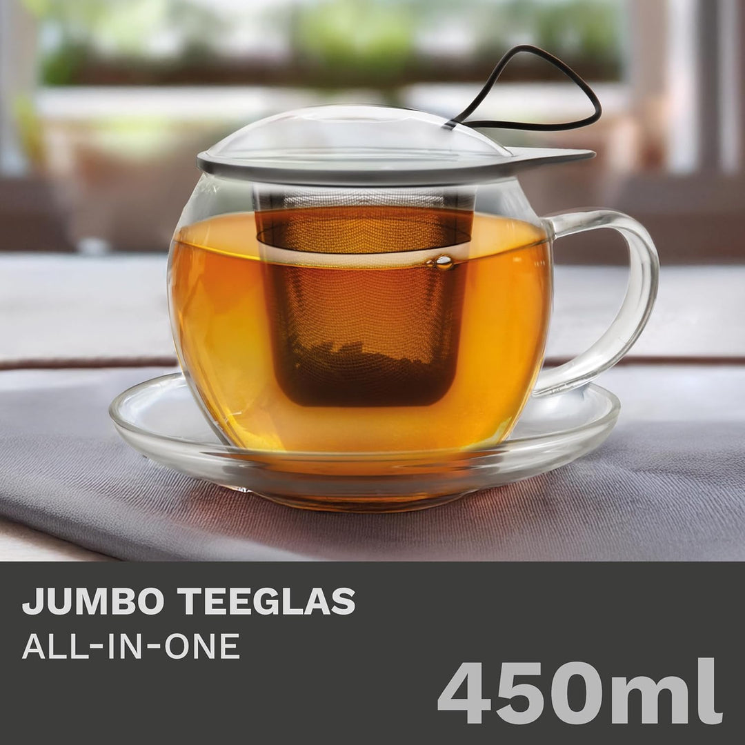 Creano Jumbo Tee-Tasse XXL mit Henkel und integriertem Edelstahlsieb, Glas-Deckel und Untertasse | 4