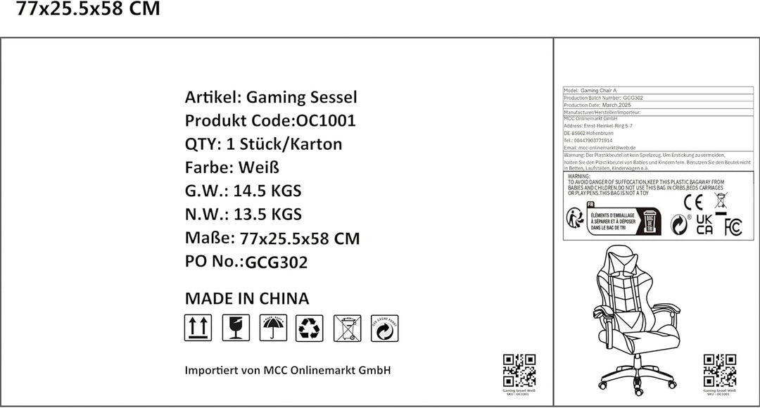 mcc direct Bürostuhl Ergonomisch, Schreibtischstuhl, Drehstuhl, Gaming Sessel, Gamingstuhl (Grau), G