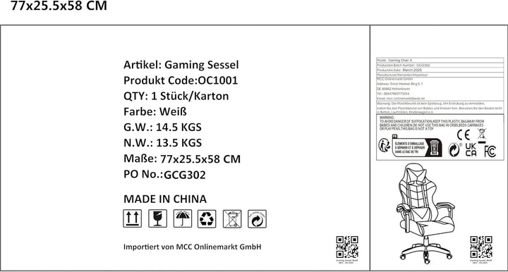 mcc direct Bürostuhl Ergonomisch, Schreibtischstuhl, Drehstuhl, Gaming Sessel, Gamingstuhl (Grau), G