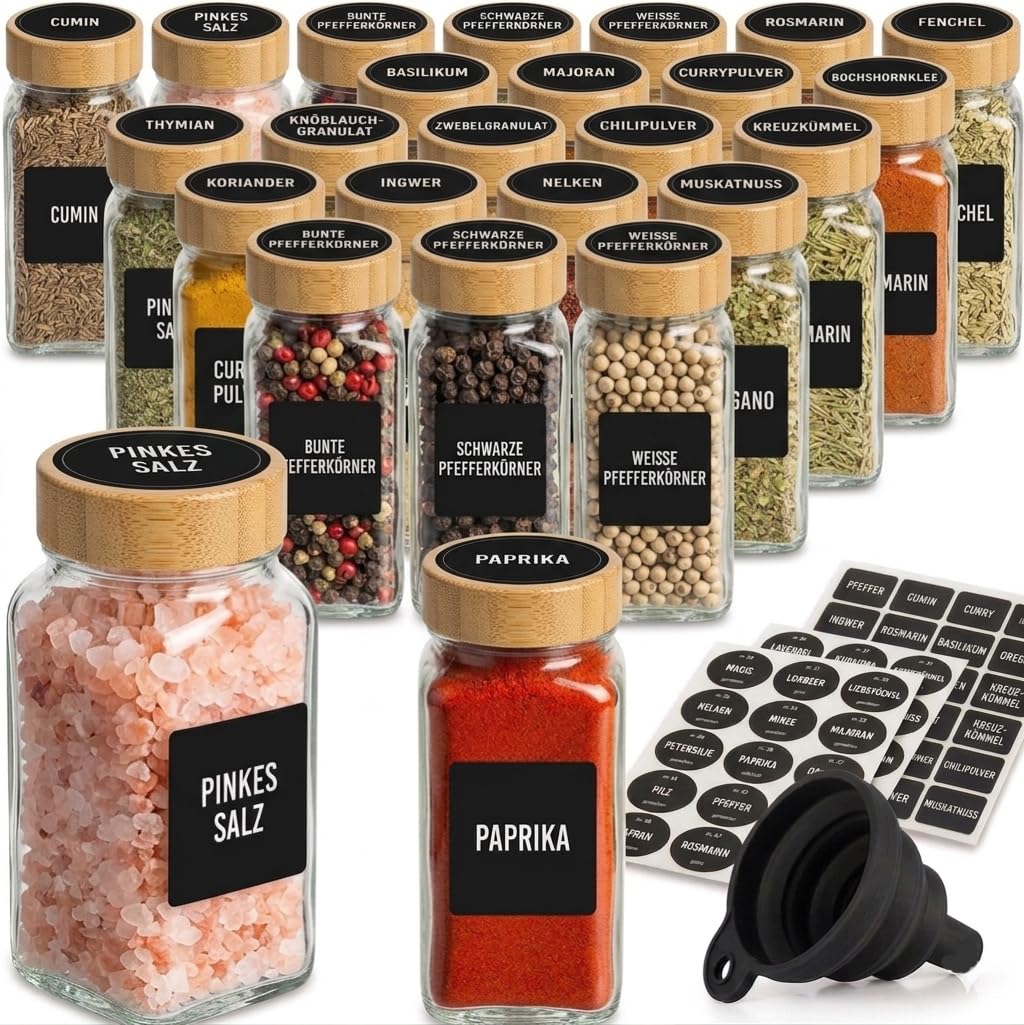 ZEBEN® Gewürzgläser 120ml Set 25 Stück mit Etiketten, Leere Gewürzdosen mit Deckel, Trichter & Reini