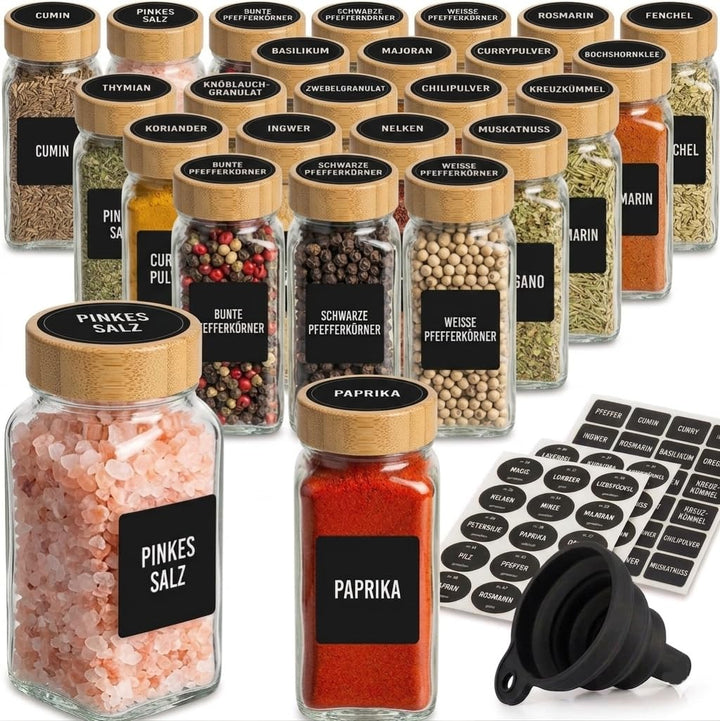 ZEBEN® Gewürzgläser 120ml Set 25 Stück mit Etiketten, Leere Gewürzdosen mit Deckel, Trichter & Reini