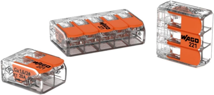 Wago, 3-Wege-Hebelklemme Serie 221, 50er-Box, kompatibel mit starren, halbstarren und flexiblen Dräh