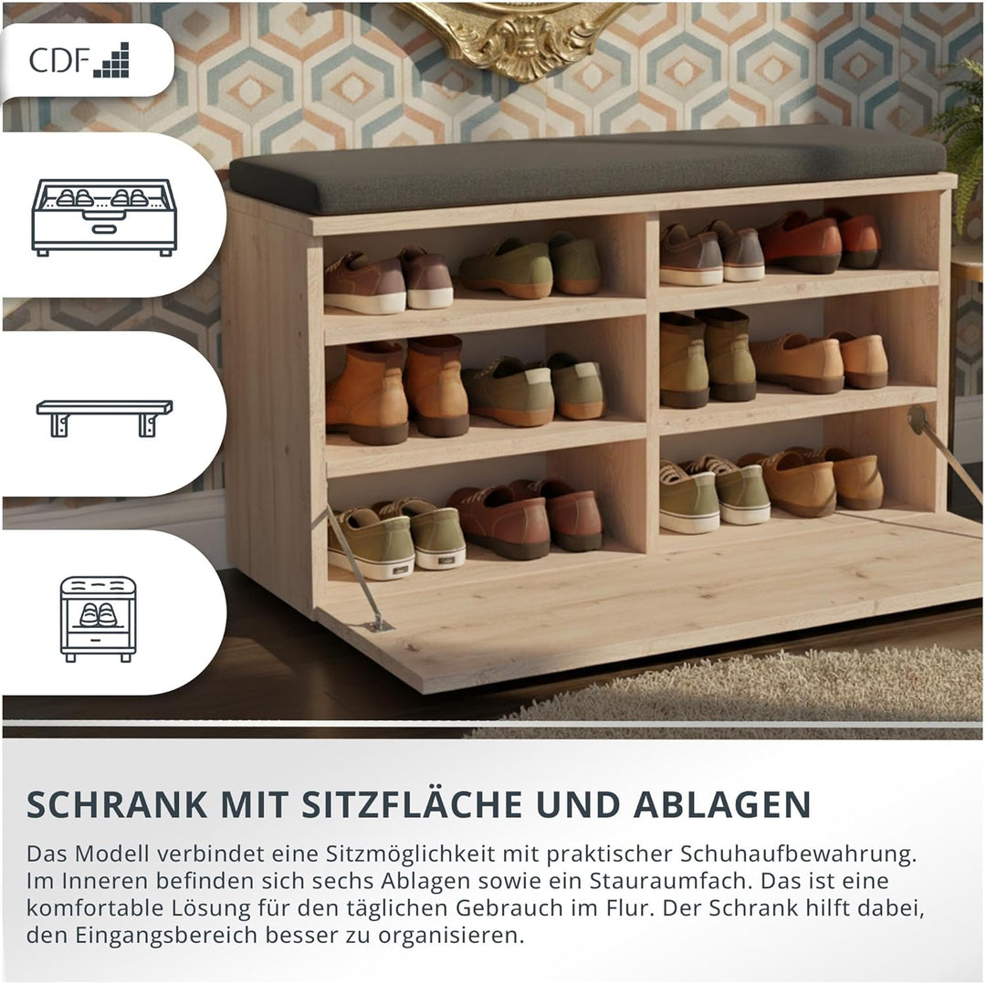 CDF Schuhschrank Riva | Farbe: Eiche Sonoma | Ideal für Diele, Flur, Büro | Schuhaufbewahrung | Bequ