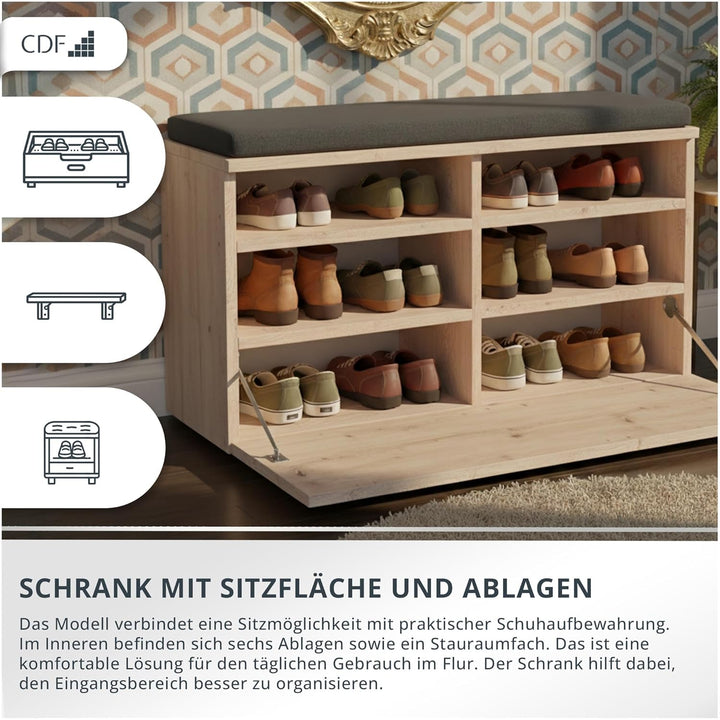 CDF Schuhschrank Riva | Farbe: Eiche Sonoma | Ideal für Diele, Flur, Büro | Schuhaufbewahrung | Bequ