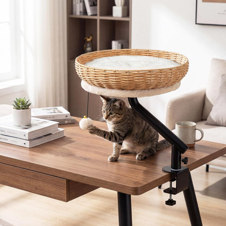 COSTWAY Katzenbett für Schreibtisch, Katzenkorb aus PE-Rattan, 360° drehbar, Katzen Schreibtischbett
