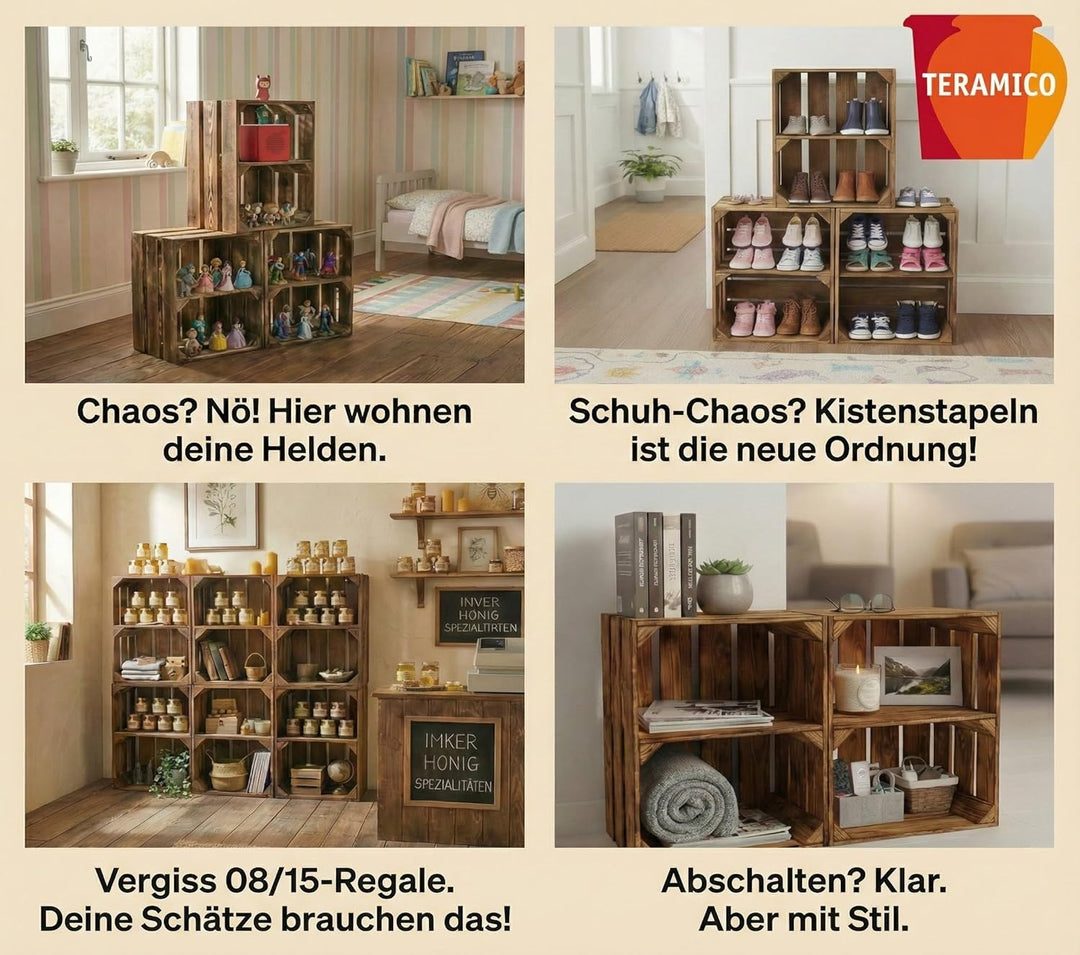 Teramico Vintage Holzkisten 40 x 30 x 25cm geflammt | Weinkisten &amp; Obstkisten | Set-Angebote (6er Se