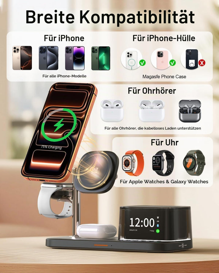 7-in-1 kabelloses Ladegerät, Bluetooth-Lautsprecher mit Wecker, Qi 2.2 25W Handy-Schnellladung, Stim