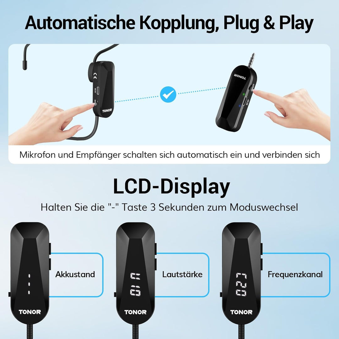 TONOR Wireless Mikrofon Headset, UHF Wiederaufladbares Drahtloses Mikrofon, 20 Kanäle mit 20m Kabell