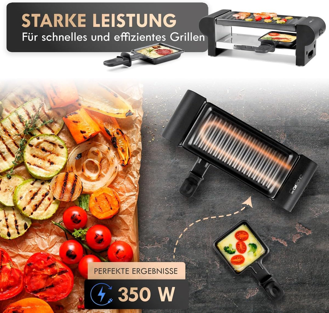 Clatronic® Raclette 2 Personen | Mini Raclette mit ca. 20,5 x 10,5 cm Grillfläche | für Grillen & Üb
