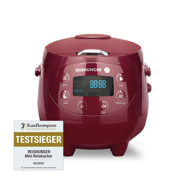 REISHUNGER Digitaler Reiskocher klein, bordeaux | 0,6 L bis 3 Personen | Warmhaltefunktion, Timer &