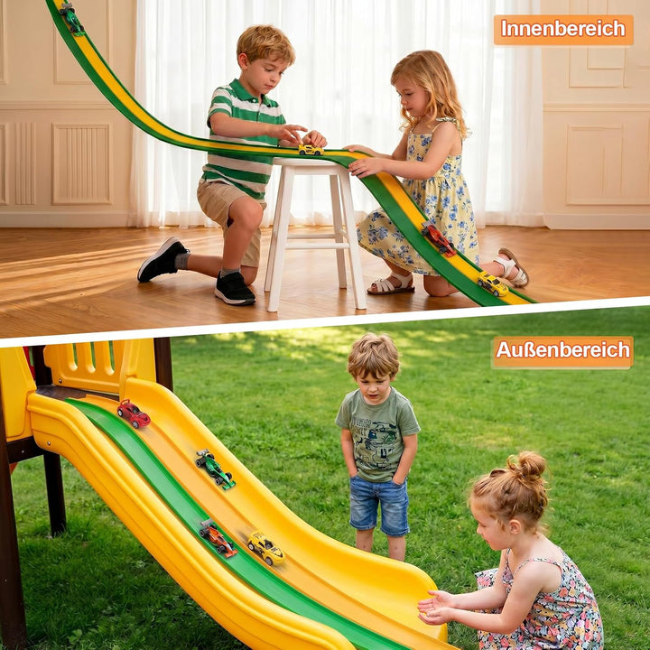Flexible Autorennbahn Kinder - 5M Autorennbahn Spielzeug aus Silikon mit Saugnapf, 4 Spielzeugautos,
