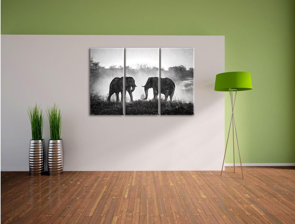 Pixxprint kämpfende Elefanten Kunst / 3-Teilig/Gesamtmass 120cm Leinwandbild bespannt auf Holzrahmen