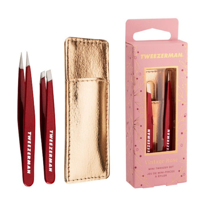 TWEEZERMAN Mini-Pinzetten-Set (Augenbrauen-Pinzetten für präzises zupfen mit Lederhülle), Vintage Ro