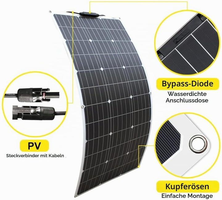 Aysolar 100W 12V Flexibel Solarpanel Kit 18v Monokristallines Photovoltaik Solarmodul, 10A Laderegle