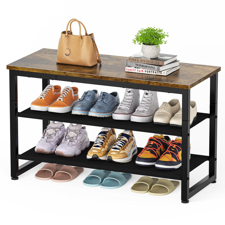 HOMIDEC Schuhregal mit 3 Ebenen, Schuhbank mit Holzplatte, Schuhregal mit Sitzbank, Regal Vliesstoff