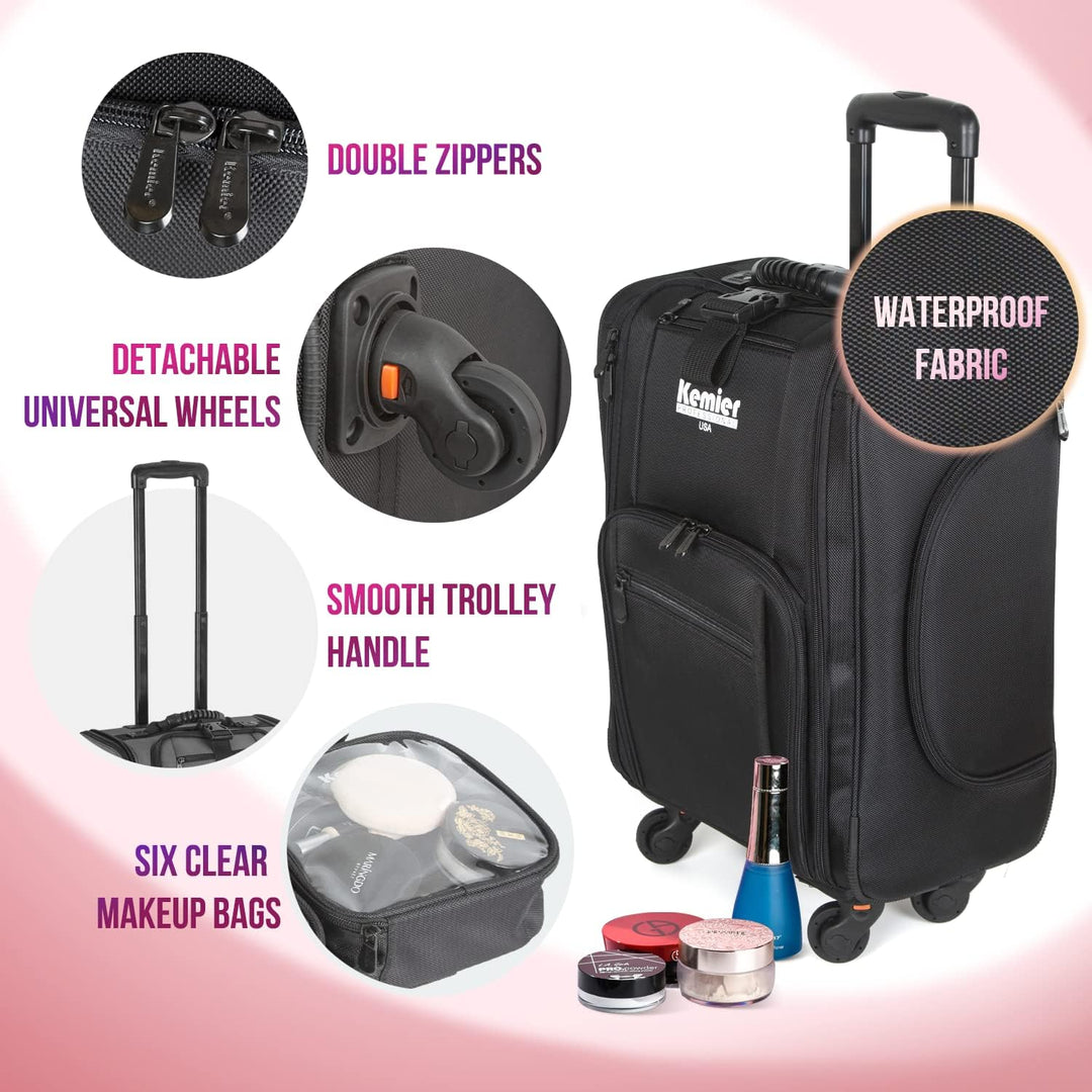 Kemier Make up Koffer, Weiche Zweiseitige Nylon Rollen Mobiler Kosmetik Organizer mit Tasche, Schwar