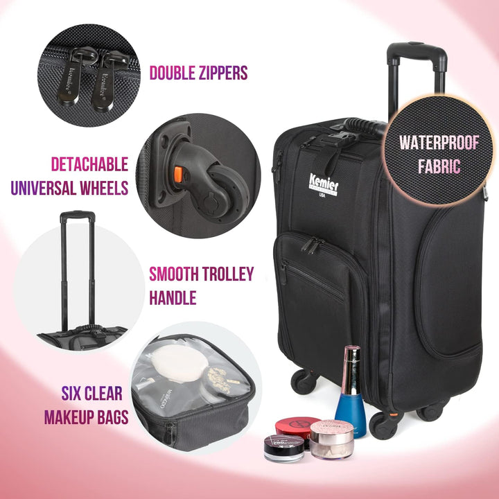 Kemier Make up Koffer, Weiche Zweiseitige Nylon Rollen Mobiler Kosmetik Organizer mit Tasche, Schwar