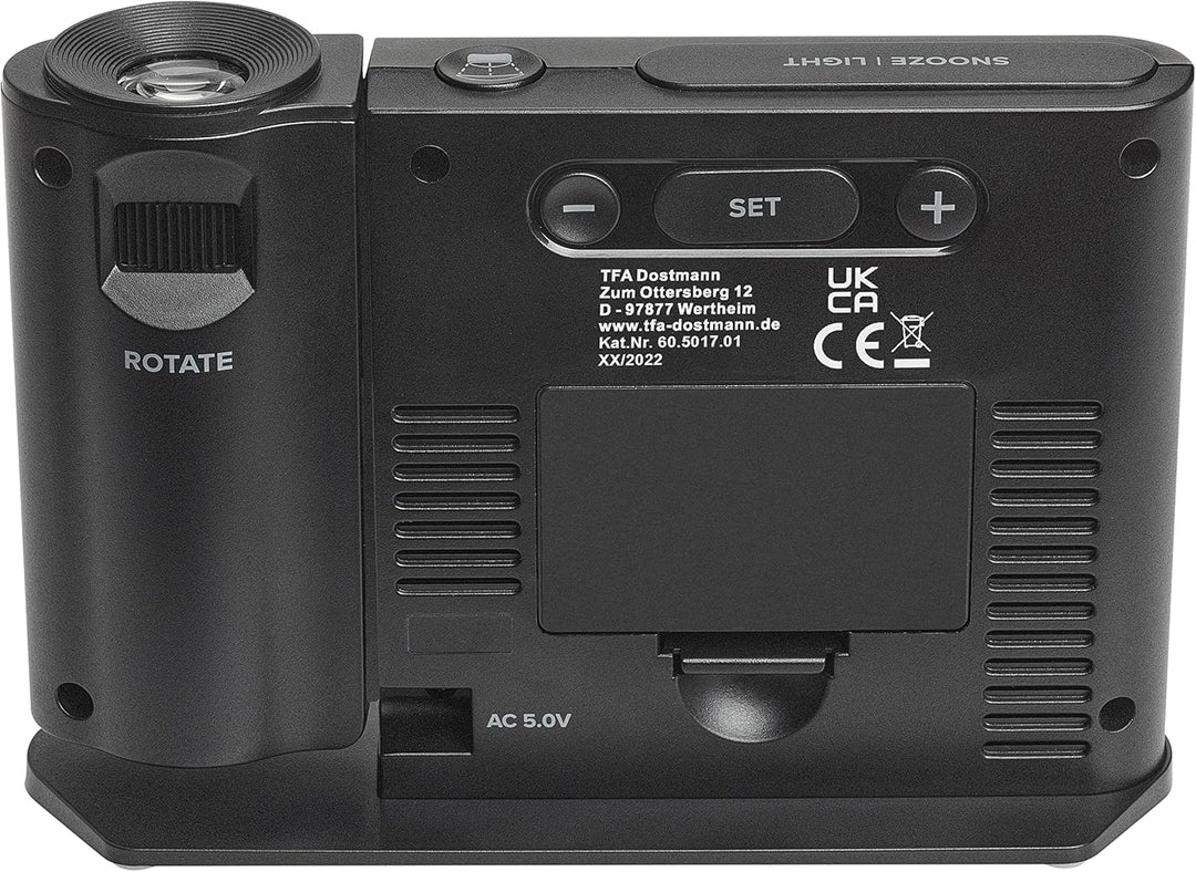TFA Dostmann Projektionswecker Funk, 60.5017.01, Digitale Funkuhr, mit Netzteil, inkl Thermo-Hygrome
