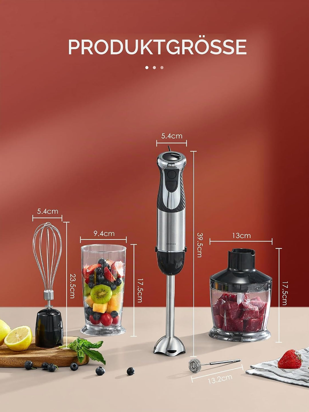 Pürierstab, 5-in-1 Stabmixer Edelstahl, 1000W Pürierstab mit 12 Geschwindigkeiten und Turbo-Modi, In