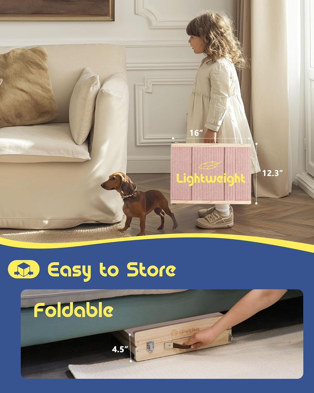 Hunderampe für Sofa und niedrige Möbel, rosa, für kleine Hunde bis 16 kg, höhenverstellbar, klappbar